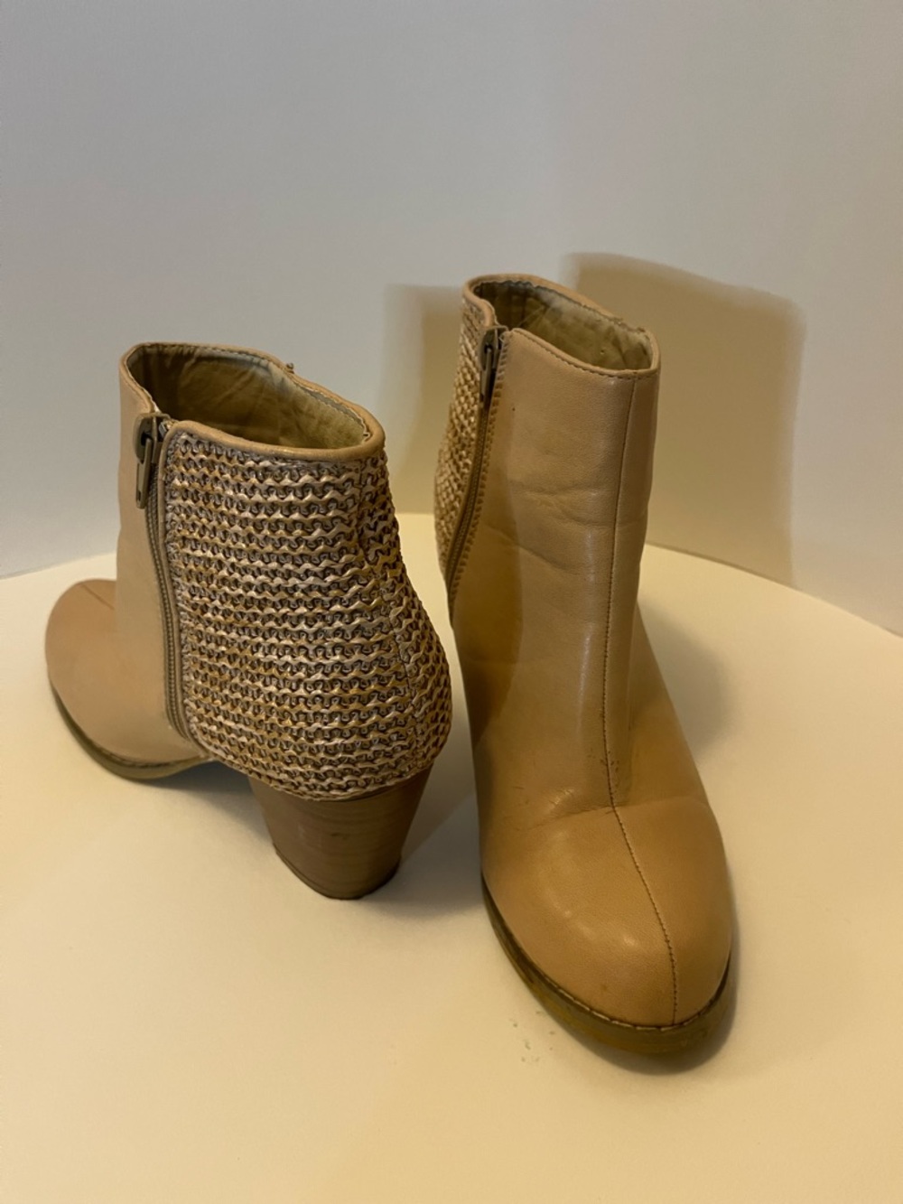 Woven Detail Tan Ankle Booties - Women